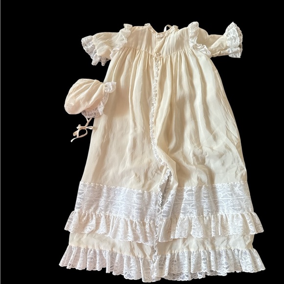 Vintage Croissant 100% Silk Baby Christening Gown & Bonnet Set Ivory Lace Baptis - Picture 2 of 5